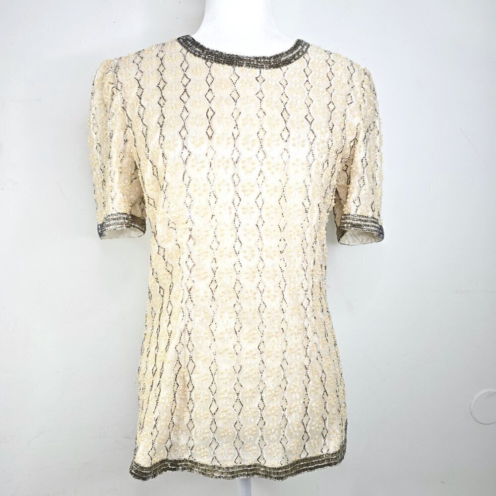 Vintage70s Stenay Beige Cream Silk Fully Beaded Blouse